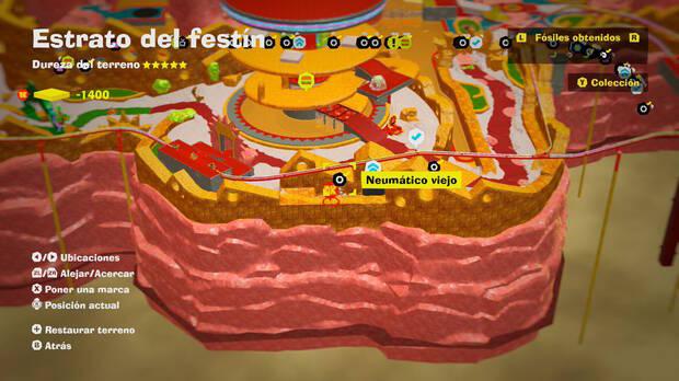 Donkey Kong Bananza - Localización en el mapa del fósil Neumático viejo 27 en Estrato del festín