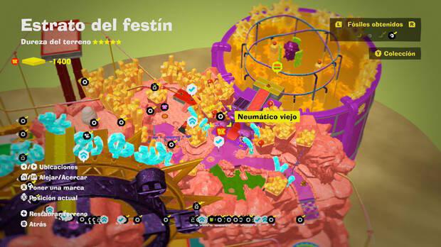 Donkey Kong Bananza - Localización en el mapa del fósil Neumático viejo 43 en Estrato del festín