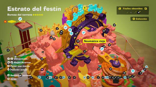 Donkey Kong Bananza - Localización en el mapa del fósil Neumático viejo 48 en Estrato del festín