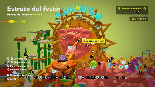 Donkey Kong Bananza - Localización en el mapa del fósil Neumático viejo 49 en Estrato del festín