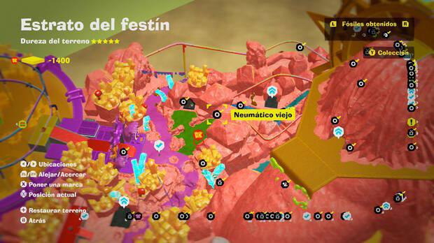 Donkey Kong Bananza - Localización en el mapa del fósil Neumático viejo 44 en Estrato del festín