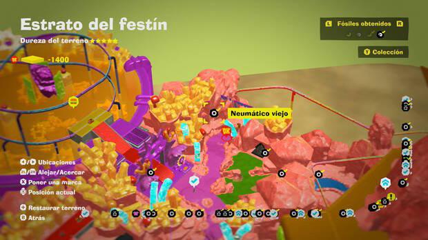 Donkey Kong Bananza - Localización en el mapa del fósil Neumático viejo 45 en Estrato del festín