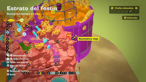 Donkey Kong Bananza - Localización en el mapa del fósil Neumático viejo 46 en Estrato del festín