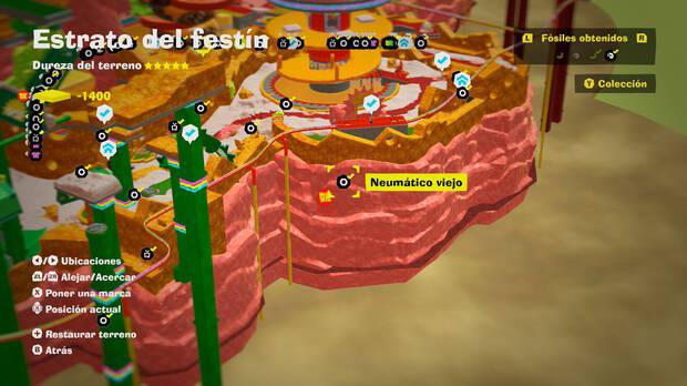 Donkey Kong Bananza - Localización en el mapa del fósil Neumático viejo 47 en Estrato del festín