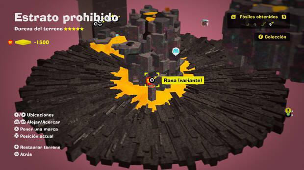 Donkey Kong Bananza - Localización en el mapa del fósil Rana (variante) 07 en Estrato prohibido