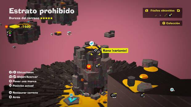 Donkey Kong Bananza - Localización en el mapa del fósil Rana (variante) 08 en Estrato prohibido