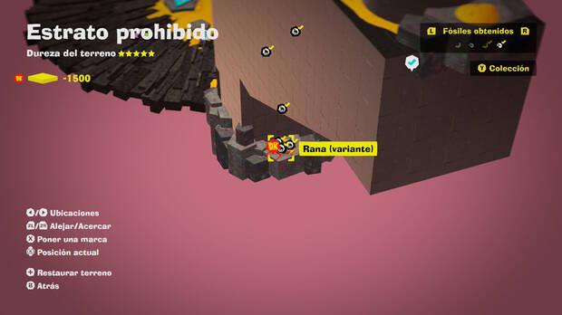 Donkey Kong Bananza - Localización en el mapa del fósil Rana (variante) 04, 05 y 06 en Estrato prohibido