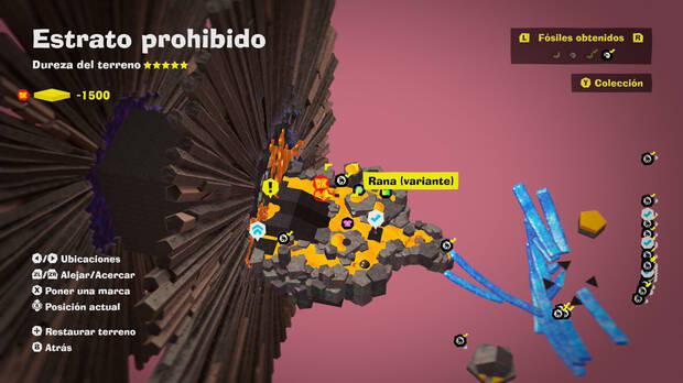 Donkey Kong Bananza - Localización en el mapa del fósil Rana (variante) 27 en Estrato prohibido