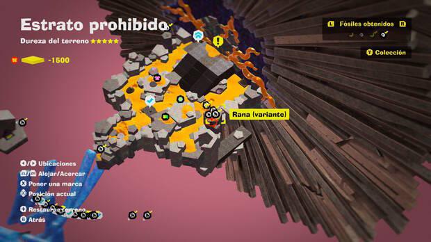 Donkey Kong Bananza - Localización en el mapa del fósil Rana (variante) 28, 29 y 30 en Estrato prohibido