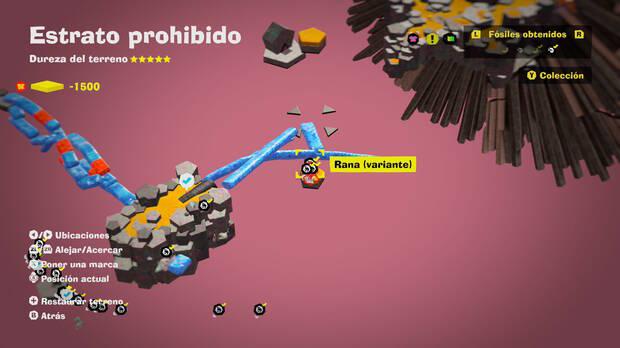 Donkey Kong Bananza - Localización en el mapa del fósil Rana (variante) 21, 22 y 23 en Estrato prohibido