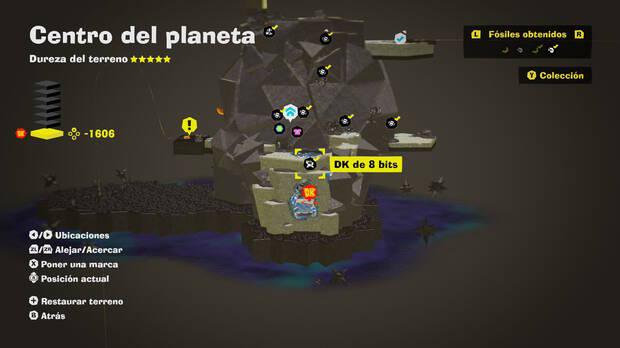 Donkey Kong Bananza - Localización en el mapa del fósil DK de 8 bits en Centro del planeta