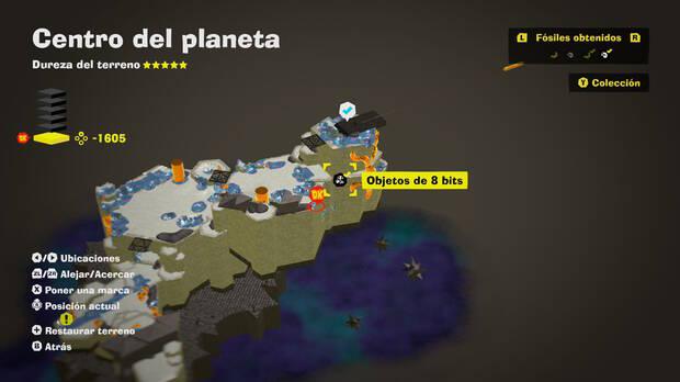 Donkey Kong Bananza - Localización en el mapa del fósil Objetos de 8 bits 06 en Centro del planeta