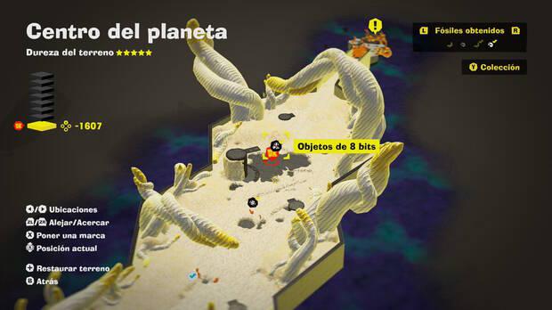 Donkey Kong Bananza - Localización en el mapa del fósil Objetos de 8 bits 08 en Centro del planeta