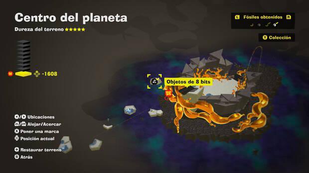 Donkey Kong Bananza - Localización en el mapa del fósil Objetos de 8 bits 09 en Centro del planeta