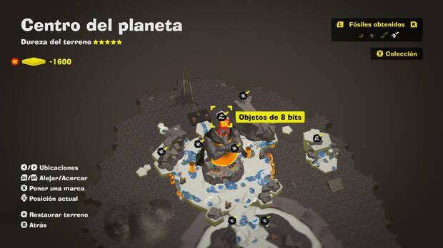 Donkey Kong Bananza - Localización en el mapa del fósil Objetos de 8 bits 02 en Centro del planeta