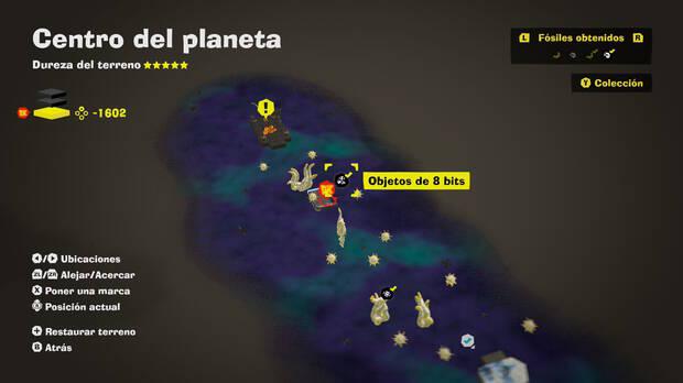 Donkey Kong Bananza - Localización en el mapa del fósil Objetos de 8 bits 04 en Centro del planeta