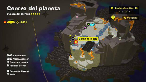 Donkey Kong Bananza - Localización en el mapa del fósil Barril de 8 bits 07 en Centro del planeta