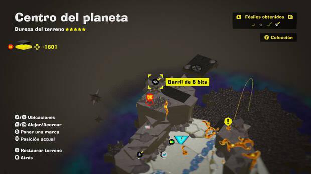 Donkey Kong Bananza - Localización en el mapa del fósil Barril de 8 bits 08 en Centro del planeta