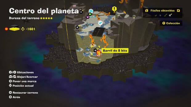 Donkey Kong Bananza - Localización en el mapa del fósil Barril de 8 bits 09 en Centro del planeta