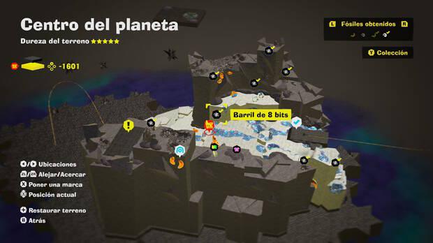 Donkey Kong Bananza - Localización en el mapa del fósil Barril de 8 bits 14 en Centro del planeta