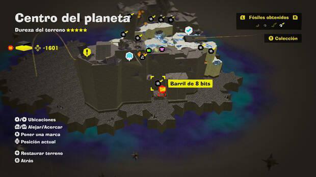 Donkey Kong Bananza - Localización en el mapa del fósil Barril de 8 bits 15 en Centro del planeta