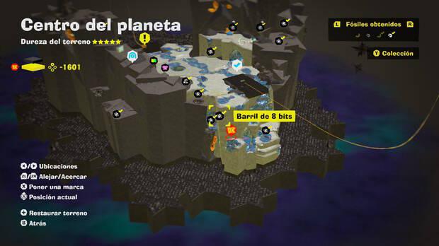 Donkey Kong Bananza - Localización en el mapa del fósil Barril de 8 bits 16 y 17 en Centro del planeta