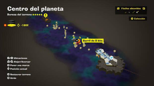 Donkey Kong Bananza - Localización en el mapa del fósil Barril de 8 bits 18 en Centro del planeta