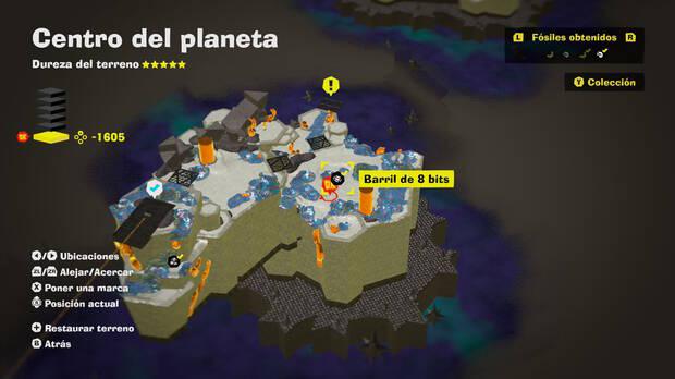 Donkey Kong Bananza - Localización en el mapa del fósil Barril de 8 bits 19 en Centro del planeta