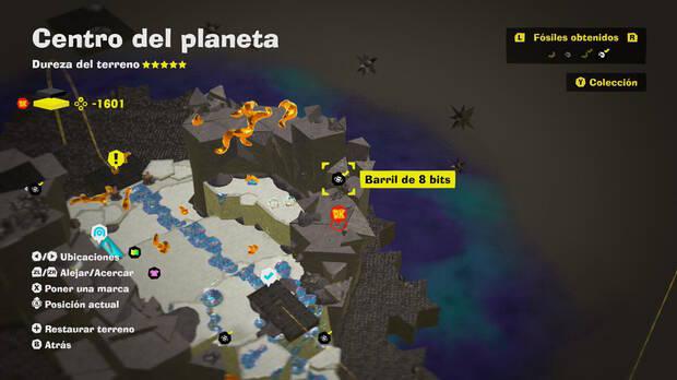 Donkey Kong Bananza - Localización en el mapa del fósil Barril de 8 bits 10 en Centro del planeta