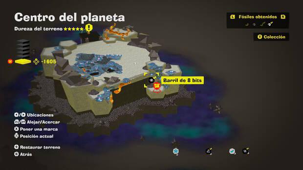 Donkey Kong Bananza - Localización en el mapa del fósil Barril de 8 bits 20 en Centro del planeta