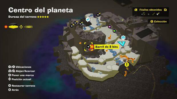 Donkey Kong Bananza - Localización en el mapa del fósil Barril de 8 bits 12 en Centro del planeta