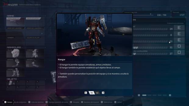 En el hangar podrás modificar las armaduras y el armamento para afrontar mejor tu próxima misión. También hay un apartado cosmético para personalizar colores y calcomanías.