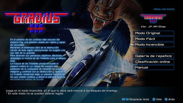 Los juegos son complicados, pero con la cantidad de ayudas de 'Gradius Origins' no tendrás problemas en aprender a jugar, y después, batir tus récords.