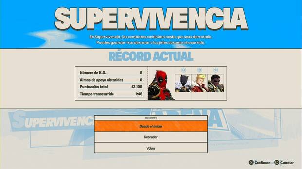 Marvel Tokon Fighting Souls - Modos de juego; men� del modo Supervivencia
