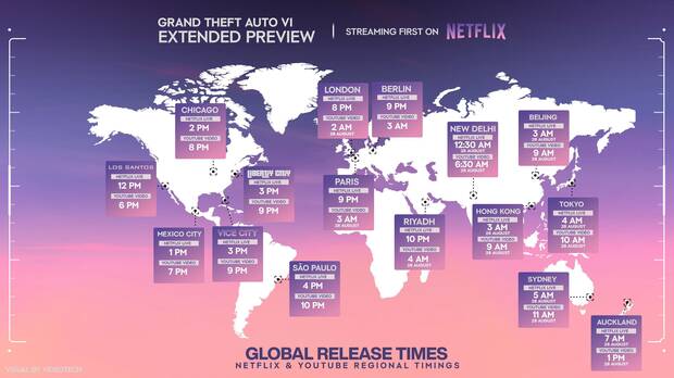 Hora Grand Theft Auto VI: Una mirada extendida en Espa�a y el resto del mundo