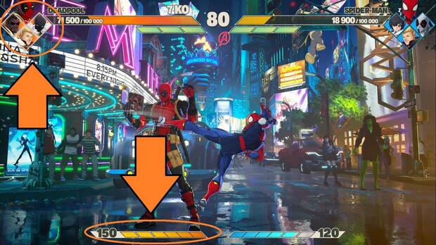 Marvel Tokon Fighting Souls - Super Assemble y Tokon Assemble; interfaz de combate con los indicadores de personajes en reserva y Skill Gauge marcados