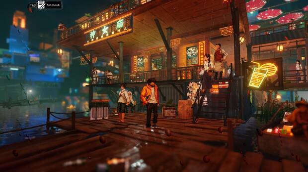 La mezcla de arquitectura china, estructuras portuarias y luces de neón otorga a Dark Tide City una identidad visual muy marcada.