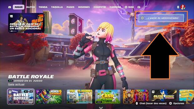 Fortnite Battle Royale - Cap�tulo 7, Temporada 4; lobby con el men� del panel de administrador resaltado
