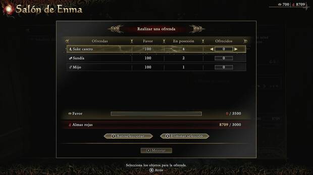 Onimusha: Way of the Sword - Amuletos; pantalla de ofrendas del menú del Salón de Enma
