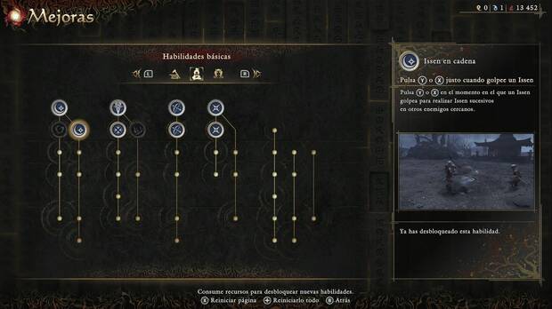 Onimusha: Way of the Sword - El aprendiz Oni; men� de mejoras centrado en la habilidad b�sica Issen en cadena