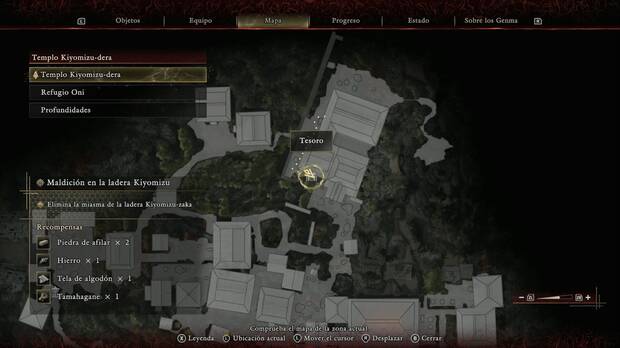 Onimusha: Way of the Sword - Maldición en la ladera Kiyomizu; ubicación del tesoro en la esquina suroeste del edificio mása al norte-nordeste de Kiyomizu-dera
