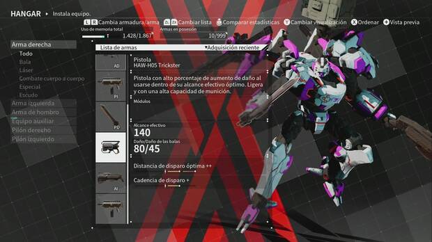 Podemos personalizar la cabeza, el pecho, los brazos y las piernas del mecha a nuestro gusto, en lo est�tico y en lo jugable. Las armaduras y las armas se pueden mejorar en la f�brica.