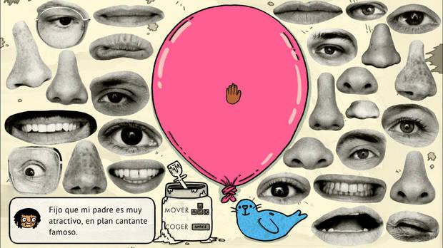 Hay minijuegos de todo tipo, como este de imaginar caras de los padres de personaje pegando recortes de fotos en globos.