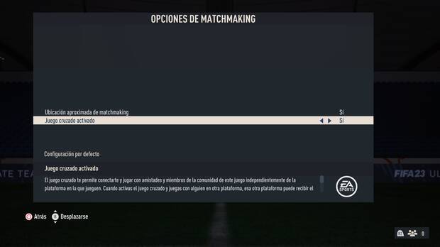 FIFA 23 - Menú para activar o desactivar el crossplay