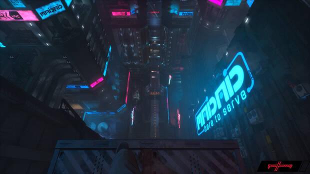 Los saltos, las carreras por la pared y los balanceos con el gancho a cientos de metros de altura son el pan de cada día en 'Ghostrunner 2'.