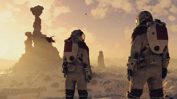 Starfield - Imagen promocional del protagonista explorando un planeta con un compañero