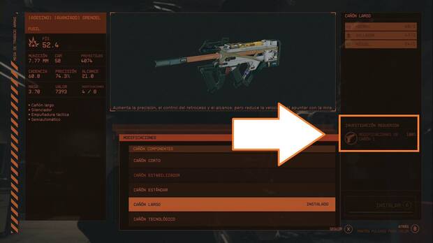 Starfield - Cómo mejorar armas y armaduras: menú de modificación de armas mostrando que falta una investigación