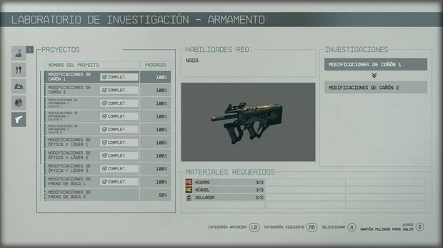 Starfield - Cómo mejorar armas y armaduras: menú de investigación de mejoras