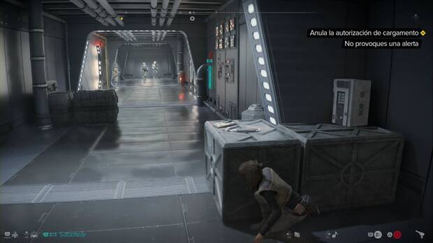 Star Wars Outlaws - Falsa bandera: Kay se esconde de los soldados imperiales en el pasillo a la estación de control