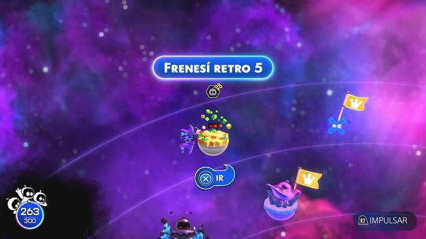 Astro Bot - Entrada del nivel Frenesí retro 5 del Mundo 5 Cúmulo Emplumado